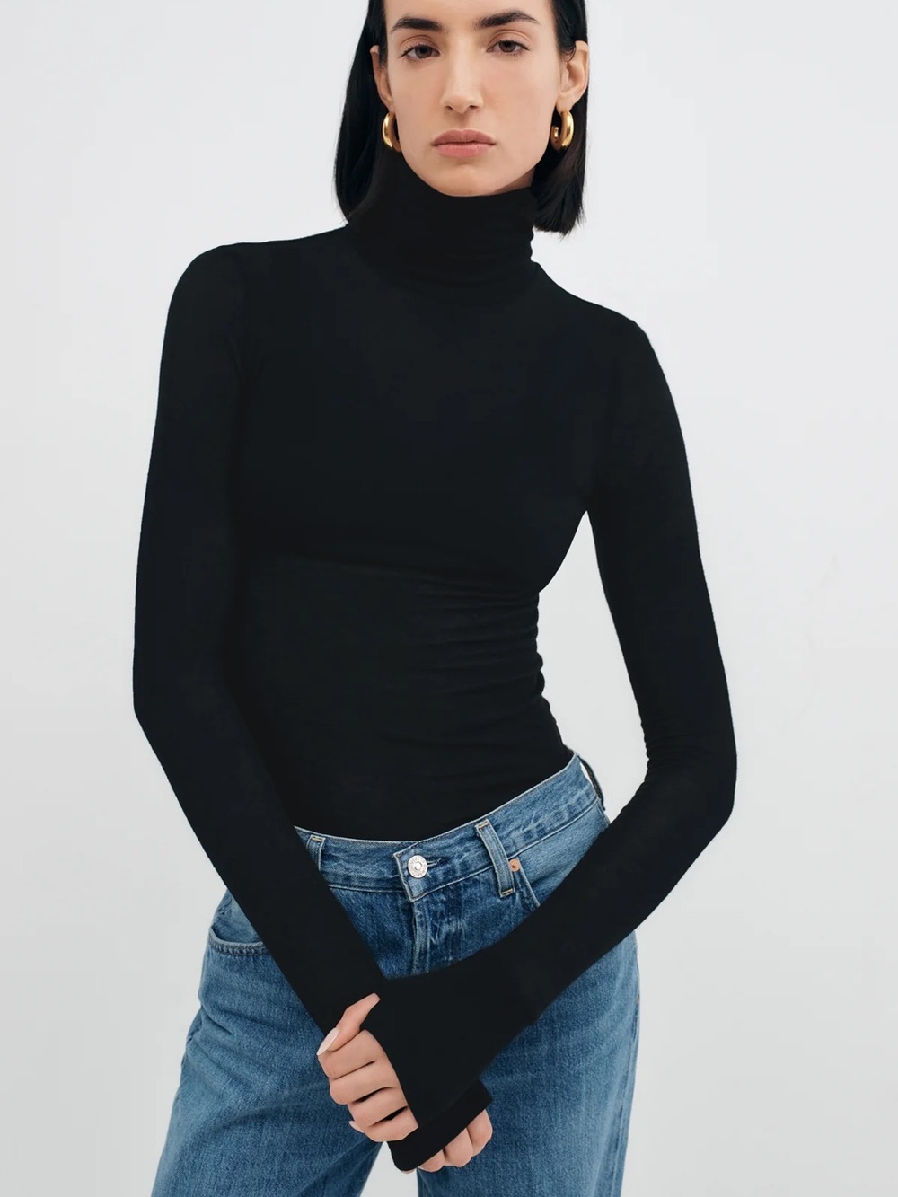 Marcella NYC Solid Deep Black Sleek Eloise Turtleneck Long Sleeve Top Thumbholes - Picture 2 of 9